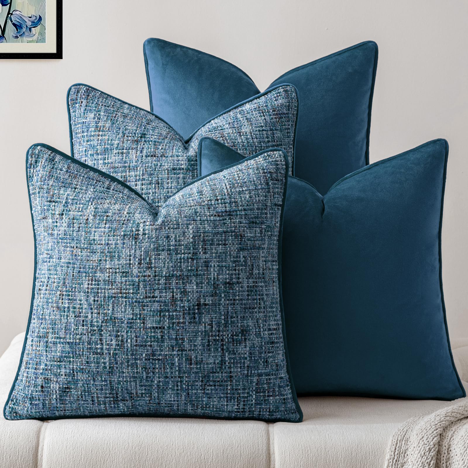 View 1 of **MISSING ONE**a moment Blue 4 Pack Throw Pillow Covers - Chenille & Velvet Set with Piping, Farmhouse Textured Design Cushion Cases for Couch Sofa Bed (18x18 Inch, No Insert)