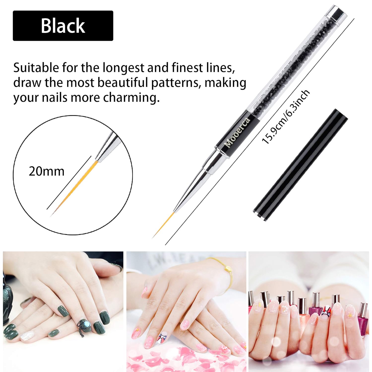 Nail Art Liner Brushes UV Gel Painting Acrylic Nail Design Nylon Brush Pen Set Metal Diamond application Rhinestone Handle Salon, Nail Dotting Painting Drawing Crystal PenSize 5/7/9/11/20mm, 5Pcs : Beauty