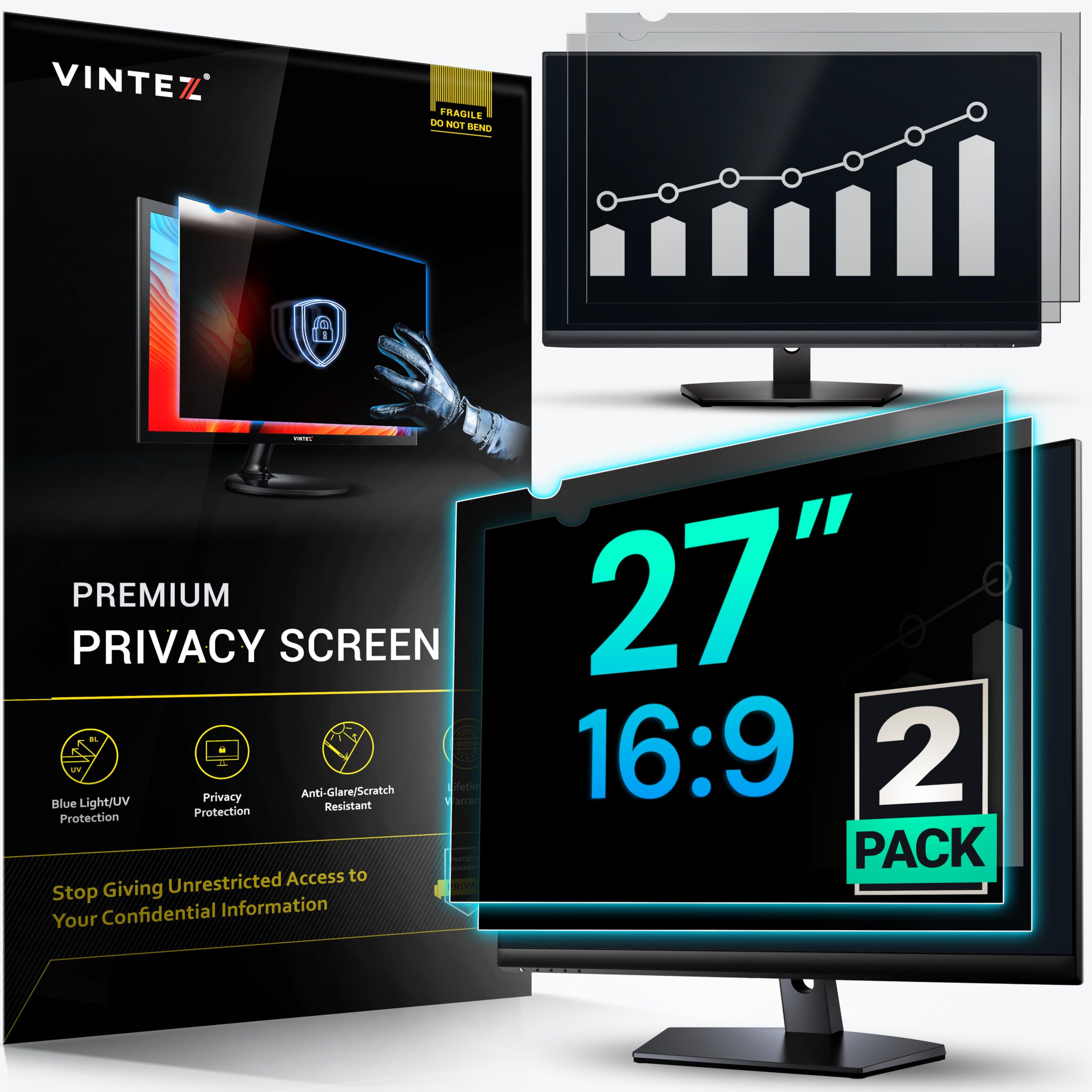 VINTEZ [2 Pack] 27 Inch 16:9 Privacy Screen for Computer Monitor and Laptop - Anti Glare Protector Film Blue Light Filter Eye Protection - Computer Screen Privacy Shield — image 1