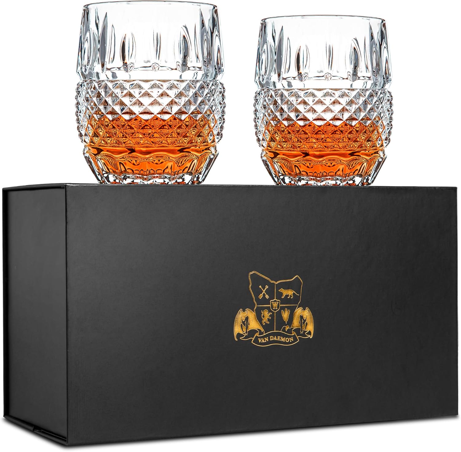 Unique Whisky Glasses Set of 2. Lead Free Ultra Clarity Glass Rocks Tumblers (300ml). 'Crystal Cask' by Van Daemon for Spirits Bourbon