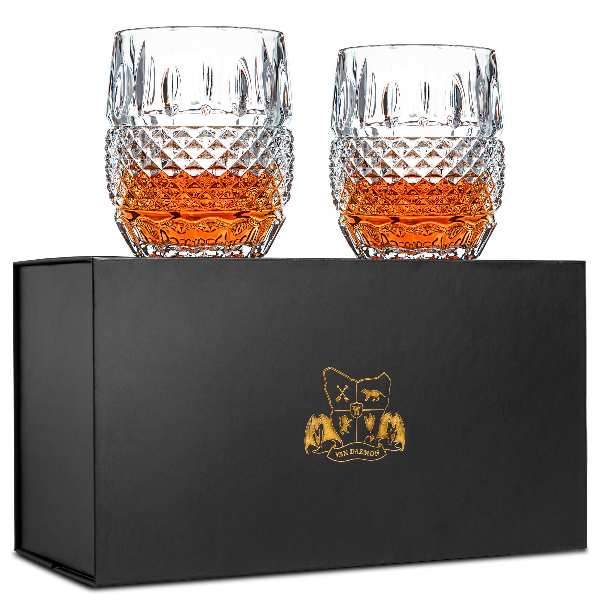 Unique Whisky Glasses Set of 2. Lead Free Ultra Clarity Glass Rocks Tumblers (300ml). 'Crystal Cask' by Van Daemon for Spirits, Bourbon, Scotch. Beautifully Gift Boxed.