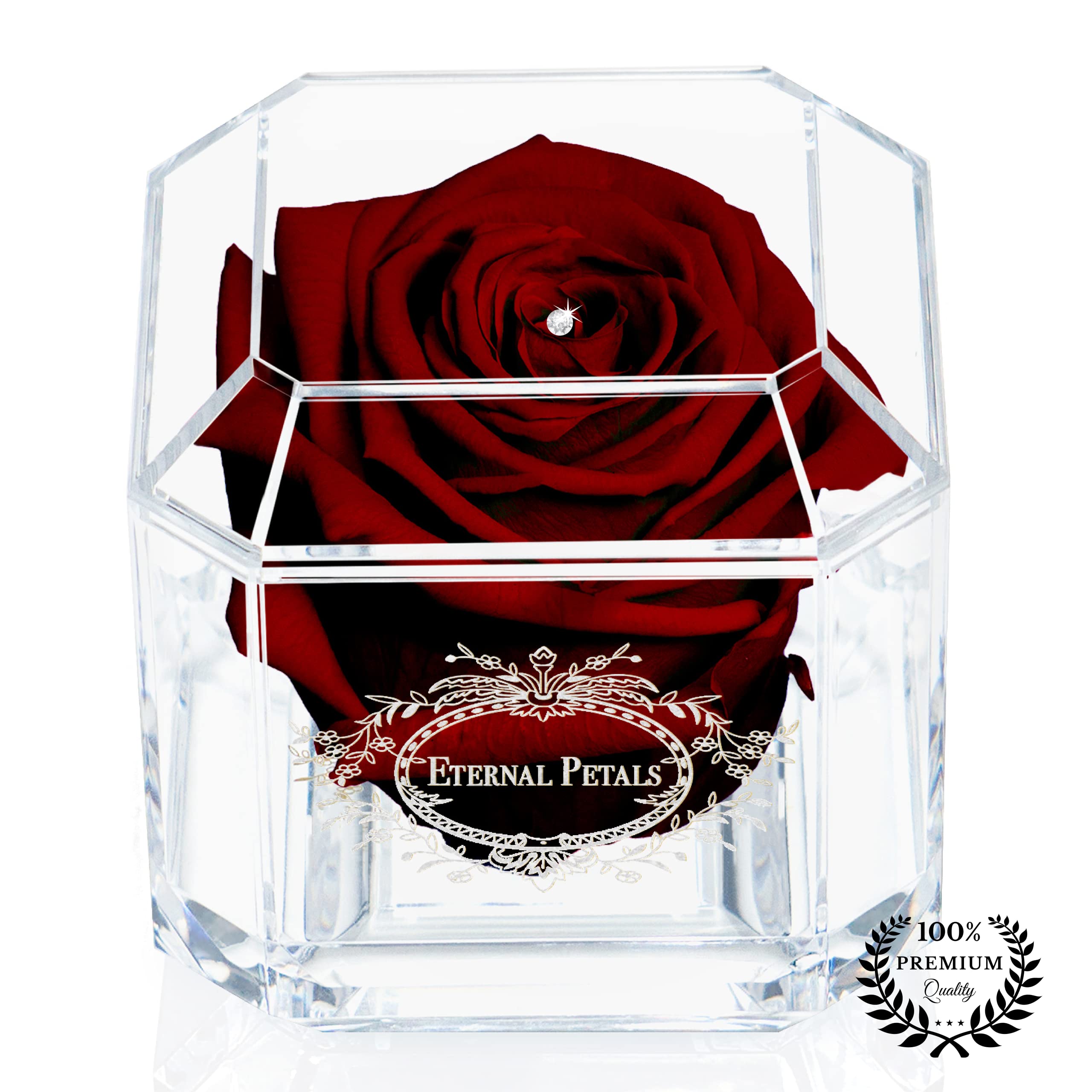 A 100% Real Rose That Lasts Years - Eternal Petals, Handmade in UK – White Gold Solo with A Clear Crystal (Burgundy) — image 1