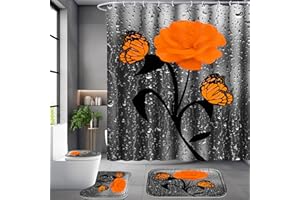 Poedist 4 Pcs Bathroom Set,Orange Rose Shower Curtain Sets, Romantic Shower Curtain Sets with Rugs(Bath Mat,U Shape and Toilet Lid Cover Mat) and 12 Hooks