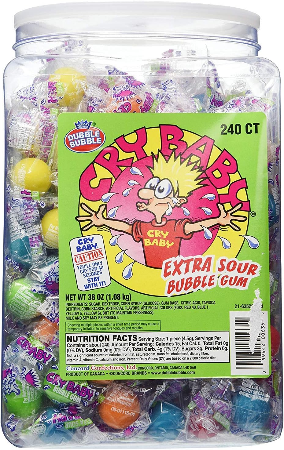 Cry Baby Extra Sour Bubble Gum 240ct. Tub, 38oz - pack of 3