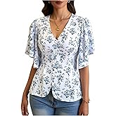 winkbay Women's Boho Floral Peplum Tops Elegant V Neck Ruffle Sleeve Dressy Casual Blouses