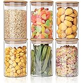 YUNCANG Glass Food Storage Jars 37oz [Set of 6],Clear Glass Food Storage Containers with Airtight Bamboo Lid Stackable Kitchen Canisters for Candy,Cookie,Rice,Sugar,Flour,Pasta