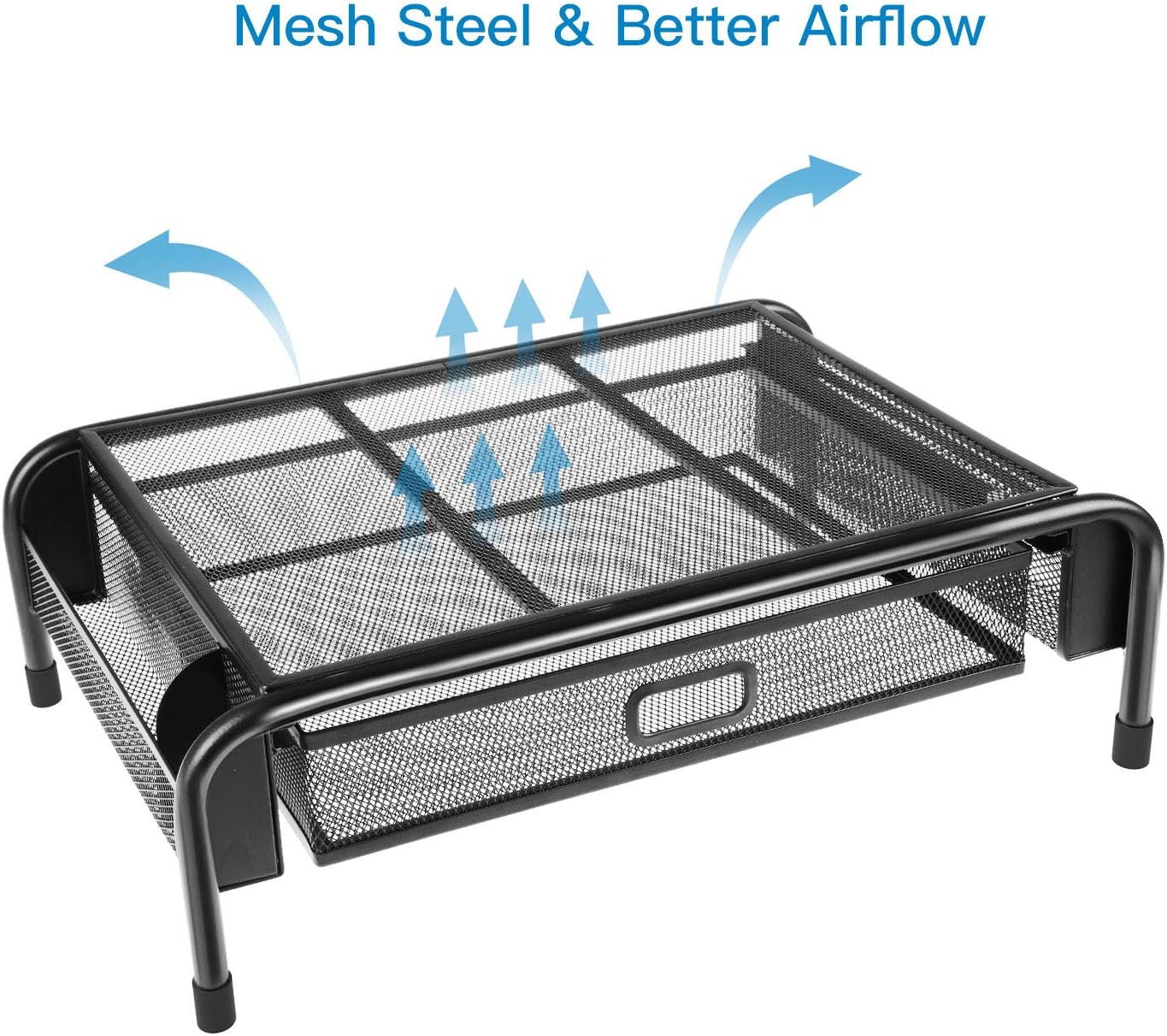 Monitor Stand Riser, Mesh Metal Printer Stand Holder with Pull Out Storage Drawer and Side Compartments Pockets for Computer, Laptop, iMac, Desk, Pens, Phones, Calculators by HUANUO : Office Products
