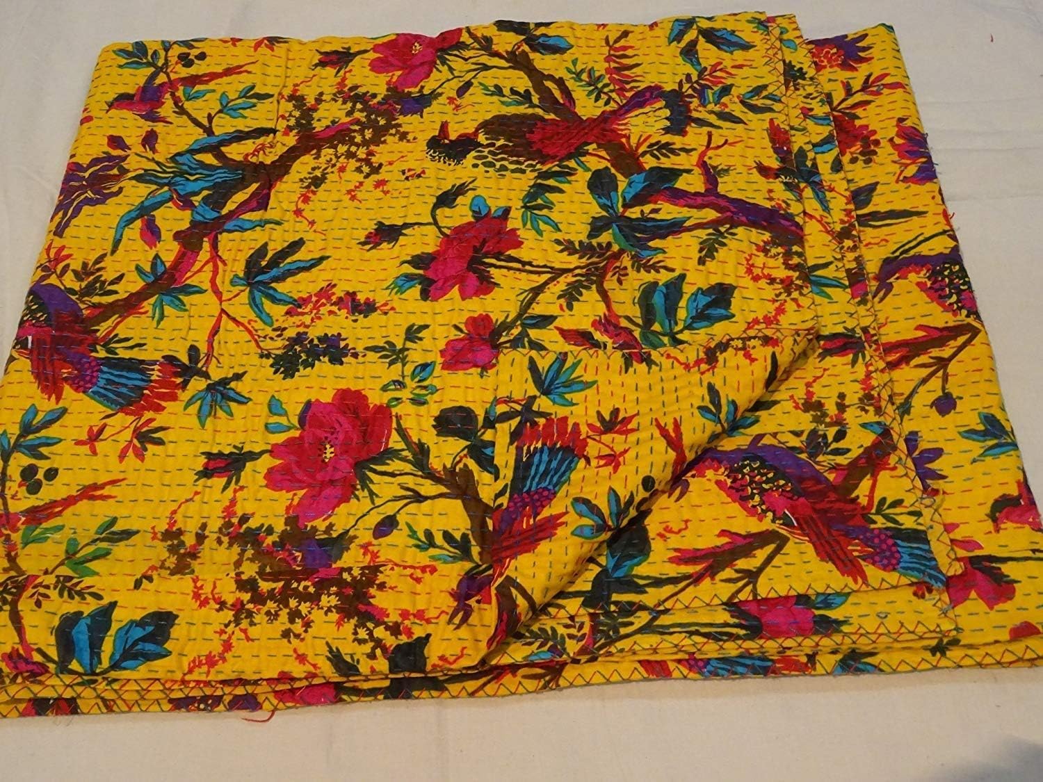 Jaipuri Design Bird Print King Size Kantha Quilt Orange Yellow Kantha Blanket, Bed Cover, King Kantha Bedspread, Bohemian Bedding Kantha Quilt