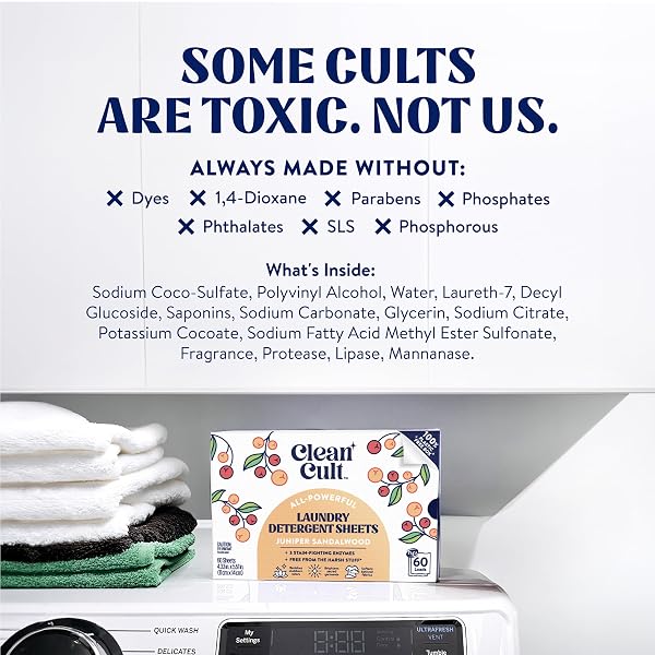 CLEANCULT LAUNDRY DETERGENT SHEETS – RESEALABLE BOX – 3 STAIN FIGHTING ENZYMES – JUNIPER SANDALWOOD – 60 LOADS – FREE OF HARSH CHEMICALS – NO MESS – NO PLASTIC WASTE