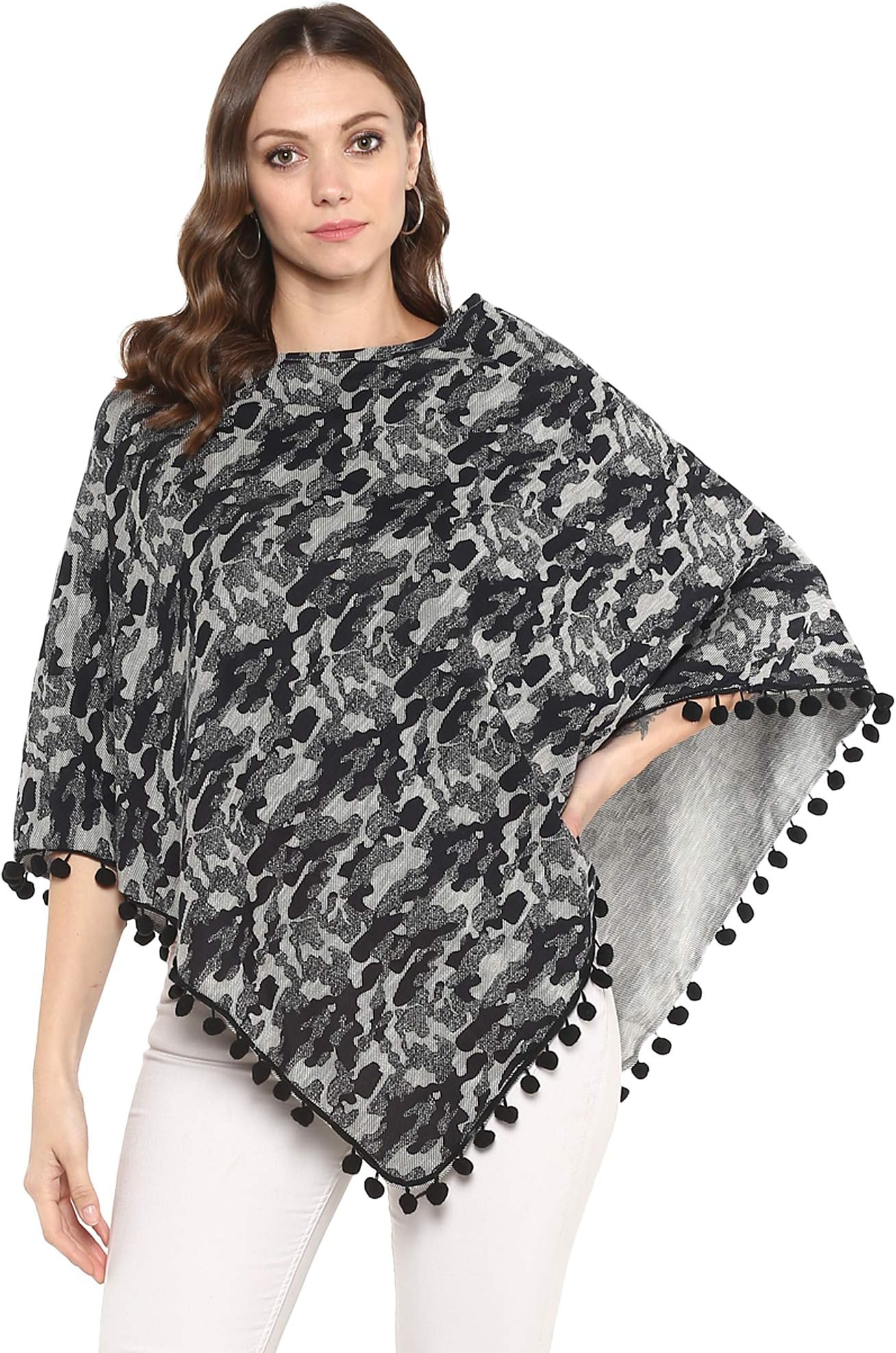 Girls Cape - Black Knitted Kashmiri Poncho Shrug for Women (Free Size)(Colors and Prints May Vary)