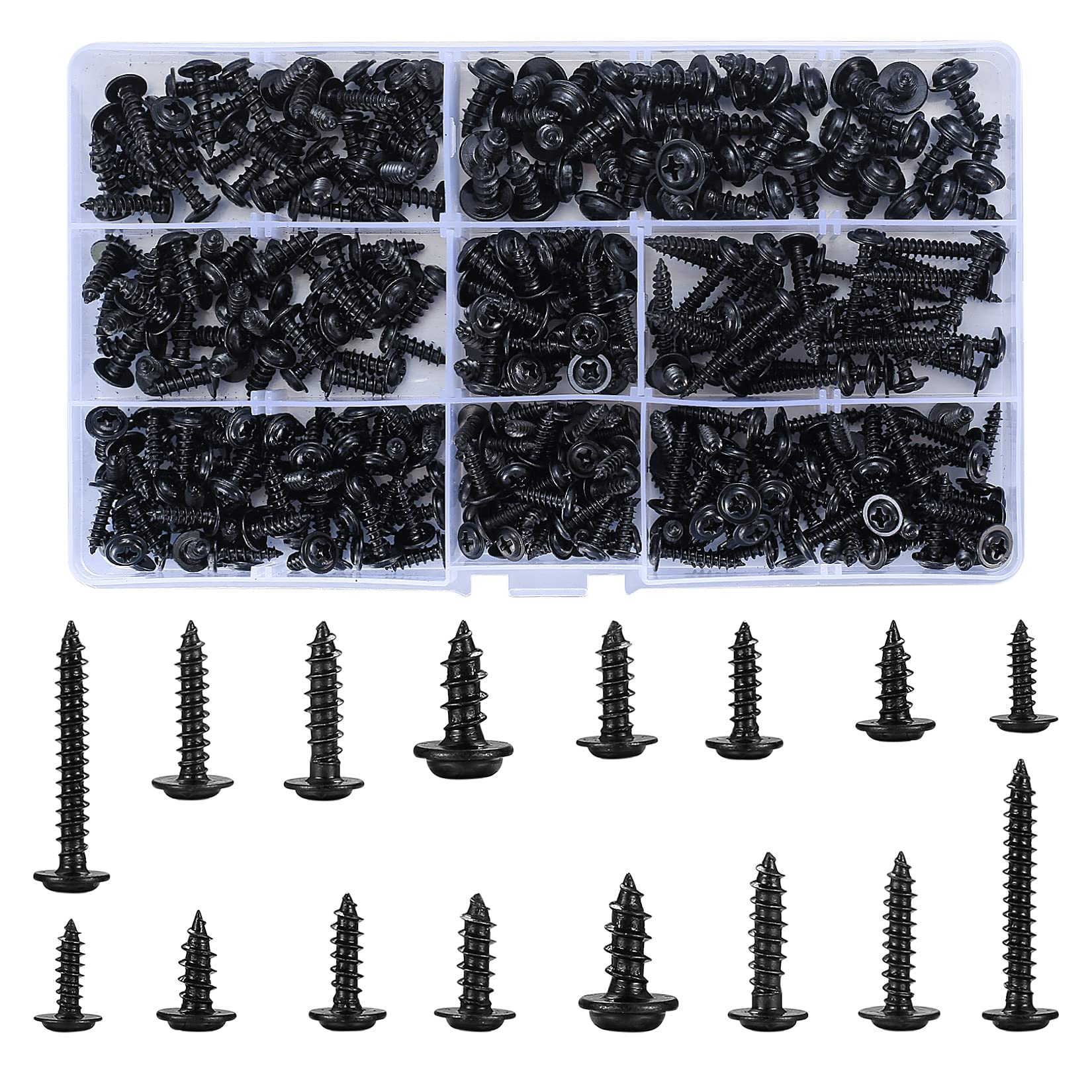 OIJOIYOI 350 Pcs Self Tapping Wood Screws Assortment Kit - M3/M3.5/M4/M4.8 Carbon Steel, Black Oxide Finish, Cross Pan Round Head, 10mm/12mm/16mm/25mm