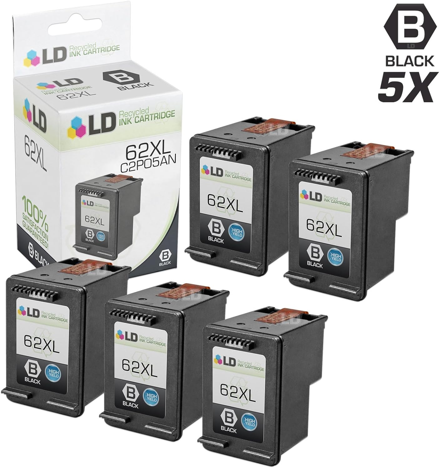 LD Remanufactured Ink Cartridge Replacement for HP 62XL C2P05AN High Yield (Black, 5-Pack)