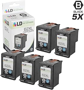 LD Remanufactured Ink Cartridge Replacement for HP 62XL C2P05AN High Yield (Black, 5-Pack)