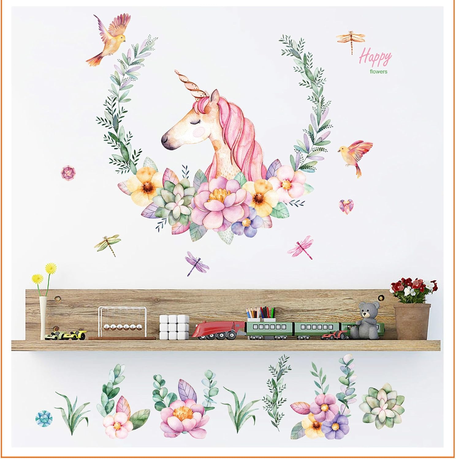 Cute Pink Lovely Unicorn with Flower Wall Sticker for Room Decor - Image 4
