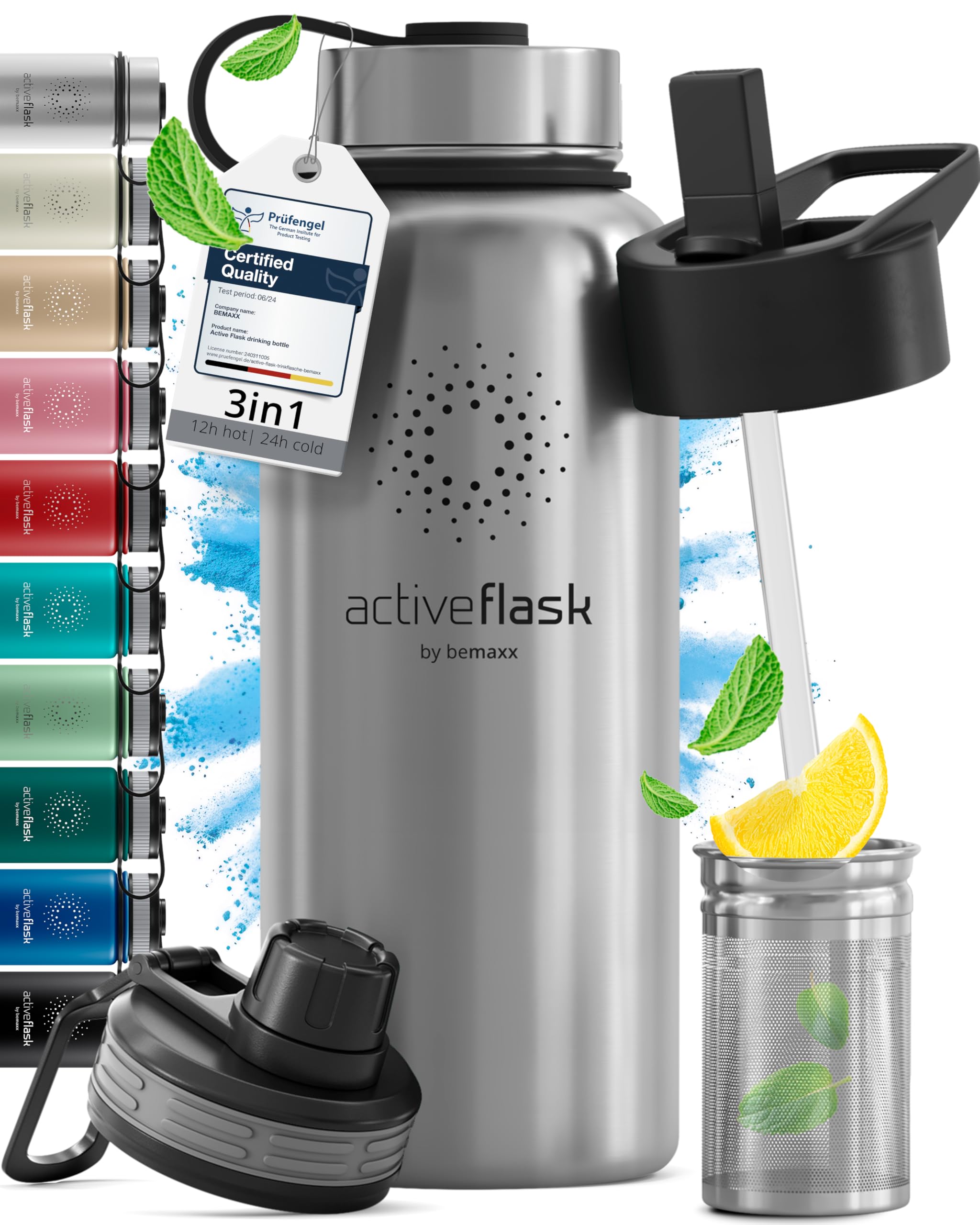 Stainless Steel Water Bottle with Straw & 3 Lids: 1 & 0,5L Leak-Proof BPA-Free Vacuum Insulated ACTIVE FLASK Drinking Bottles Hot Cold: Double Walled Outdoor Drink Thermo Mug Tea Coffee Sport Gym Bike โ image 1