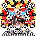 Sumind 83 Pieces Truck Birthday Party Supplies Truck Balloon Decoration Set Include 1 Backdrop 72 Balloons 1 Table Cover 7 Cupcake Topper for Men Birthday Party Decoration