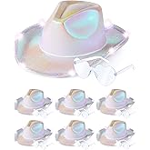 Jecery Light Holographic Space Cowgirl Hat and Heart Shape Sunglasses LED Rave Cowboy Hat Rimless Heart Sunglasses
