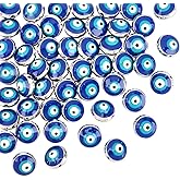 NBEADS 40-50 Pcs Evil Eye Beads, 10mm Flat Round Blue Eye Handmade Enamel Beads for Bracelets Necklace Jewelry Making, Hole: 1.2mm