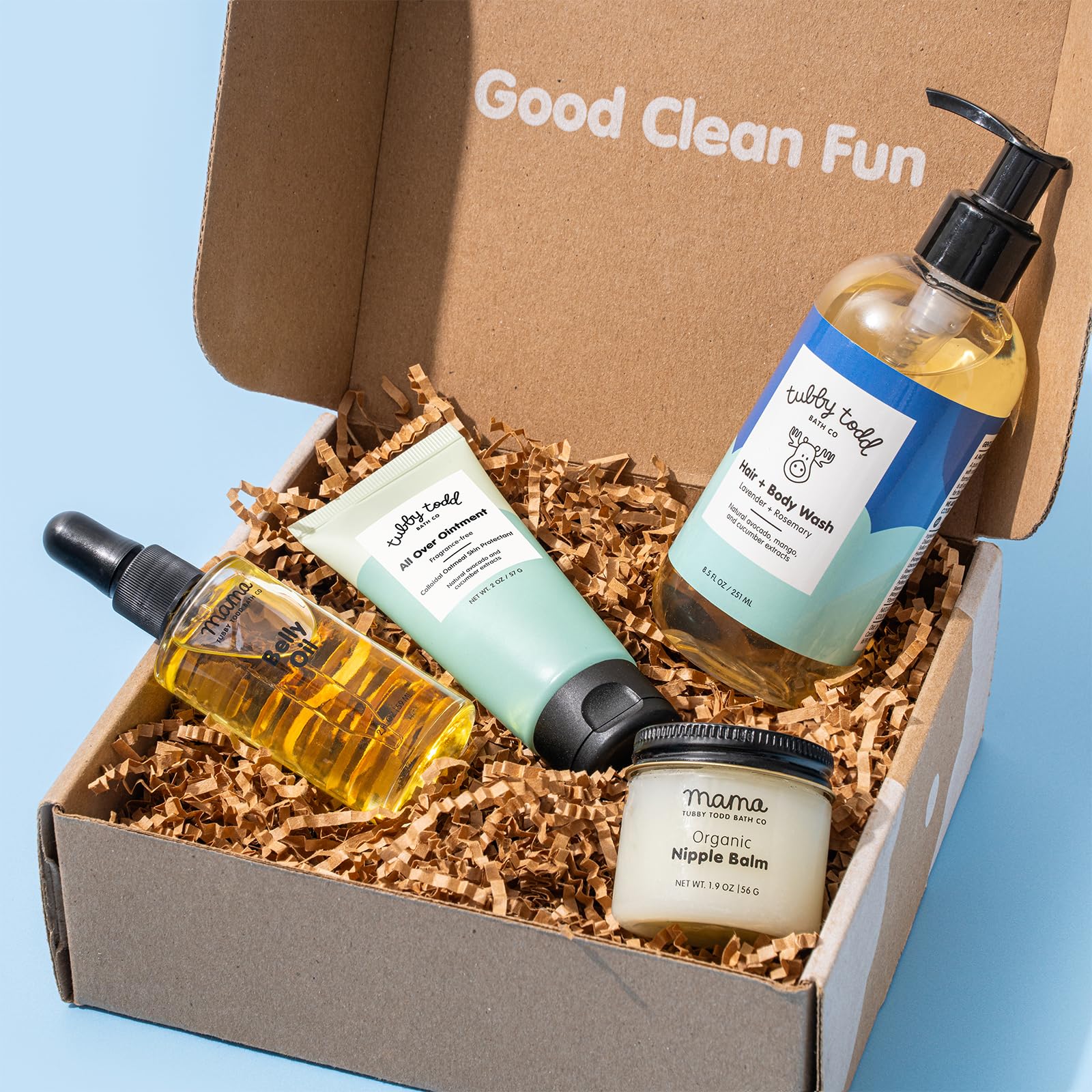 TUBBY TODD New Baby & Mom Sensitive Skincare Kit - The Mama + Baby Gift Set - Baby Shampoo and Body Wash 8.5 Oz, All Over Ointment 2 Oz, Belly Oil 2 Fl Oz & Nipple Balm 1.9 Oz - Fragrance-Free