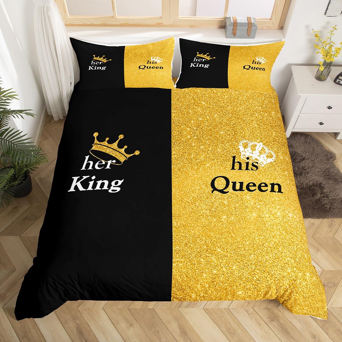 Homemissing Mr Mrs Duvet Cover King Size, Golden Glitter Print Crown Comforter Cover His and Her Bedding Set for Lovers King and Queen Bedspread Cover With 2 Pillow Case