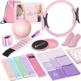 Pilates Kit 19PCS, Pilates Essentials Kit for Women, Pilates Equipment with 14.5" Pilates Ring and Ball, 8 Resistance Bands, Ankle Weights, Sliders & Grip Socks Accessories for Starter Home Workouts