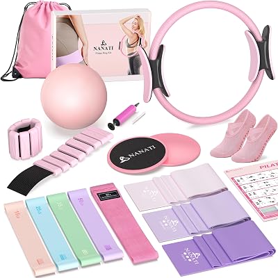 Pilates Kit 19PCS, Pilates Essentials Kit for Women, Pilates Equipment with 14.5" Pilates Ring and Ball, 8 Resistance Bands, Ankle Weights, Sliders & Grip Socks Accessories for Starter Home Workouts