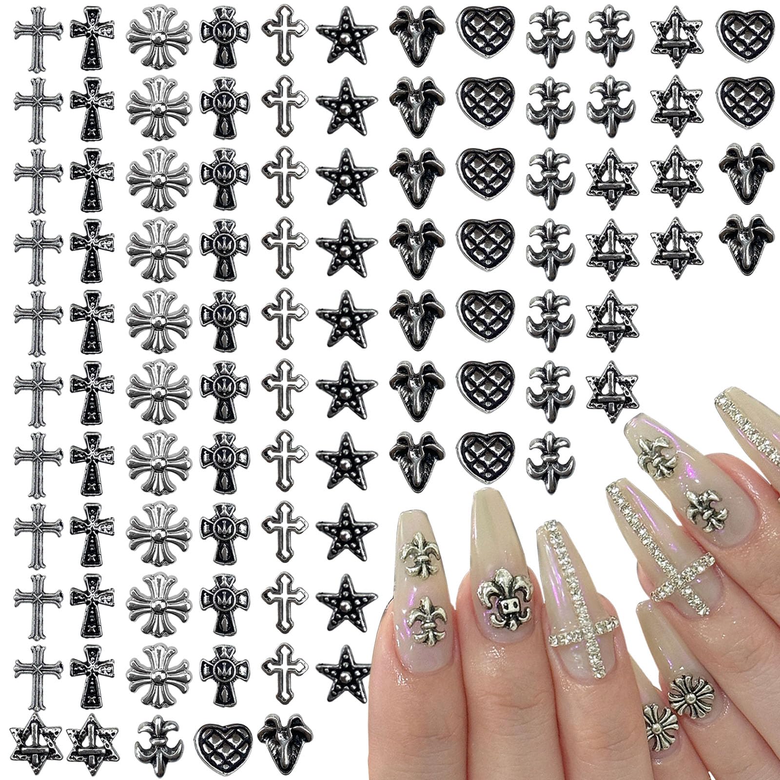 100 PCS Cross Shape Vintage Nail Art Charms, Gold Nail Charms 3D Nail Art Accessories Metal Punk Nail Jewelry Chrome Hearts Nail Decoration for Women Girl DIY Nail Art Decor