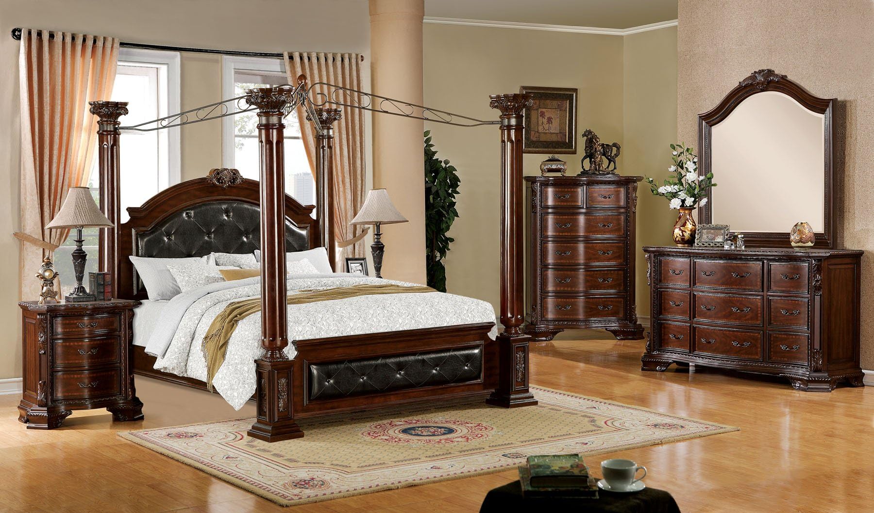 Esofastore Mandalay Collection Luxurious Baroque Style Poster Canopy California King Size Bed Dresser Mirror Nightstand Brown Cherry Finish 4pc Set Button Tufted Headboard FB Bedroom Furniture