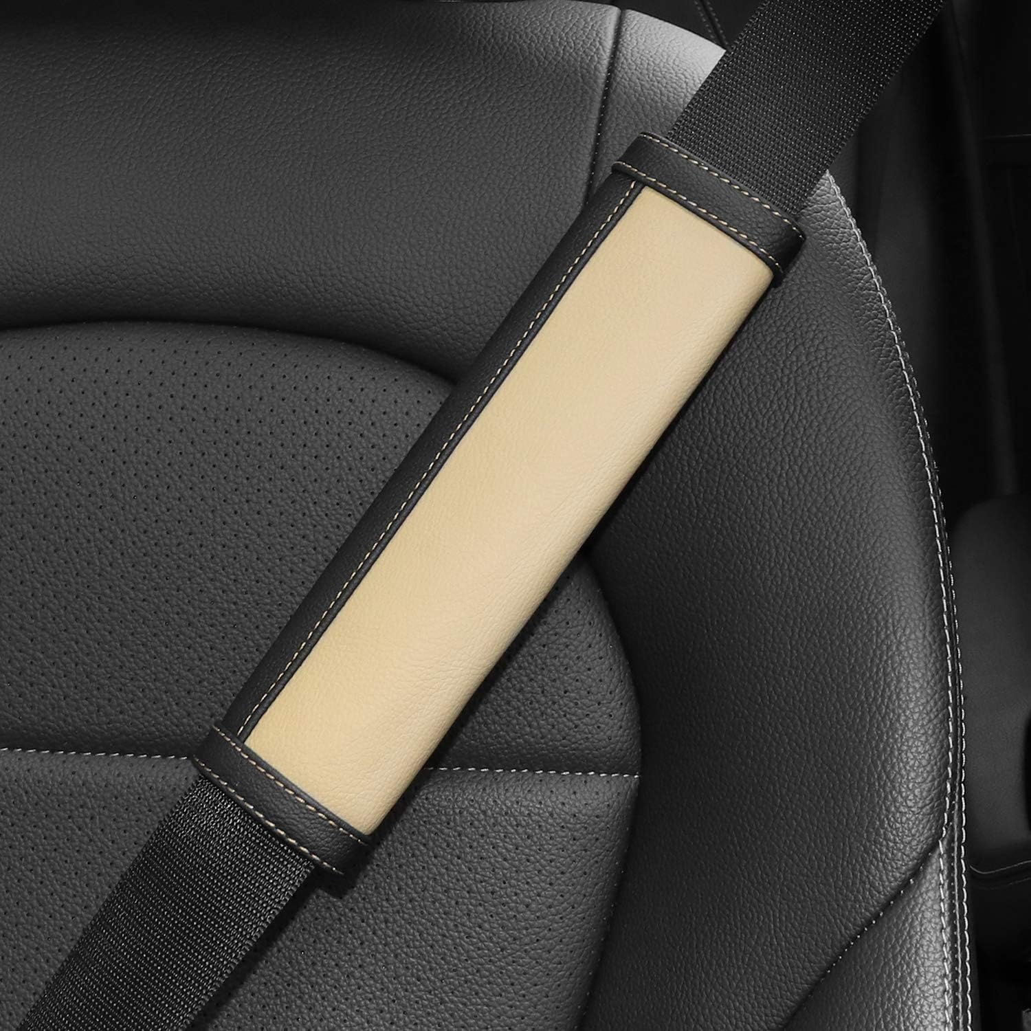 COFIT Car Seat Belt Pads, Comfort Seatbelt Cover, Durable Microfiber Leather Shoulder Neck Strap Protector, Beige and Black, 2 Pack - Image 3