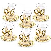 Alisveristime (Set of 6) Turkish Tea Set with Zamac Holders, Glass Cups & Saucers – 100ml Capacity, Ottoman Style, 4 Color Options (Gold)