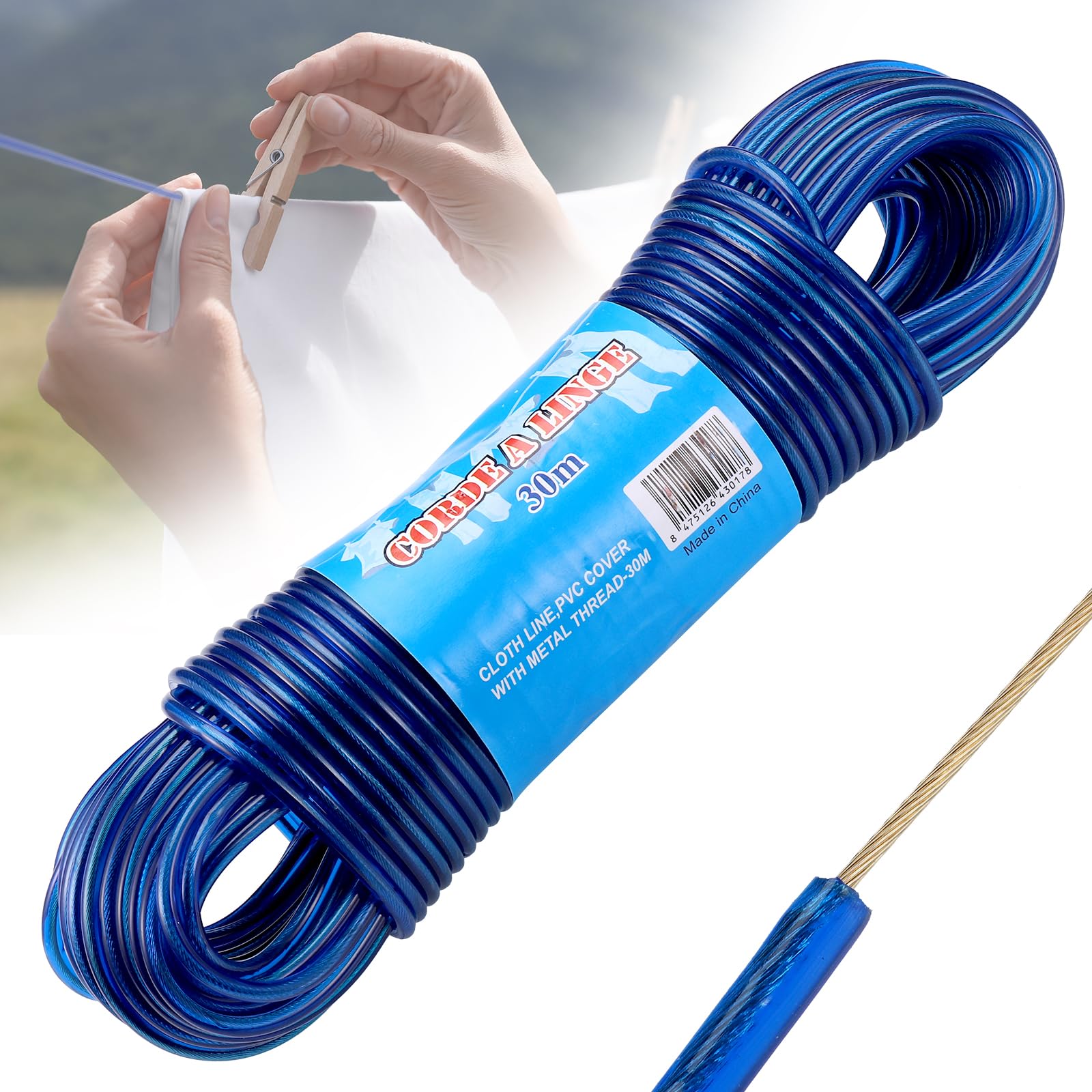 30m Washing Line Rope, Heavy Duty Clothes Line Steel Core, Strong String 4mm Dia Clotheslines, Long Clothes Lines for Outside Garden Travel, Rustproof and Waterproof Washing Lines, 120kg LC (Blue)