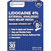 WELMATE - 4% Lidocaine Numbing Patch - Maximum Strength - Temporary Relief of Pain, Back, Neck, Shoulders, Knees, Elbows, Minor Skin Irritations - Topical Analgesic Unscented - 30 ct