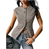 Floerns Women's Houndstooth Cap Sleeve Blouse Tops Button Down Old Money Work Shirts