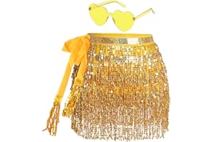 SUMERSHA Sequin Belly Dance Hip Scarf Tassel Wrap Sparkly Fringe Skirt with 1 Pair Heart Sunglasses Party Rave Costume for Women
