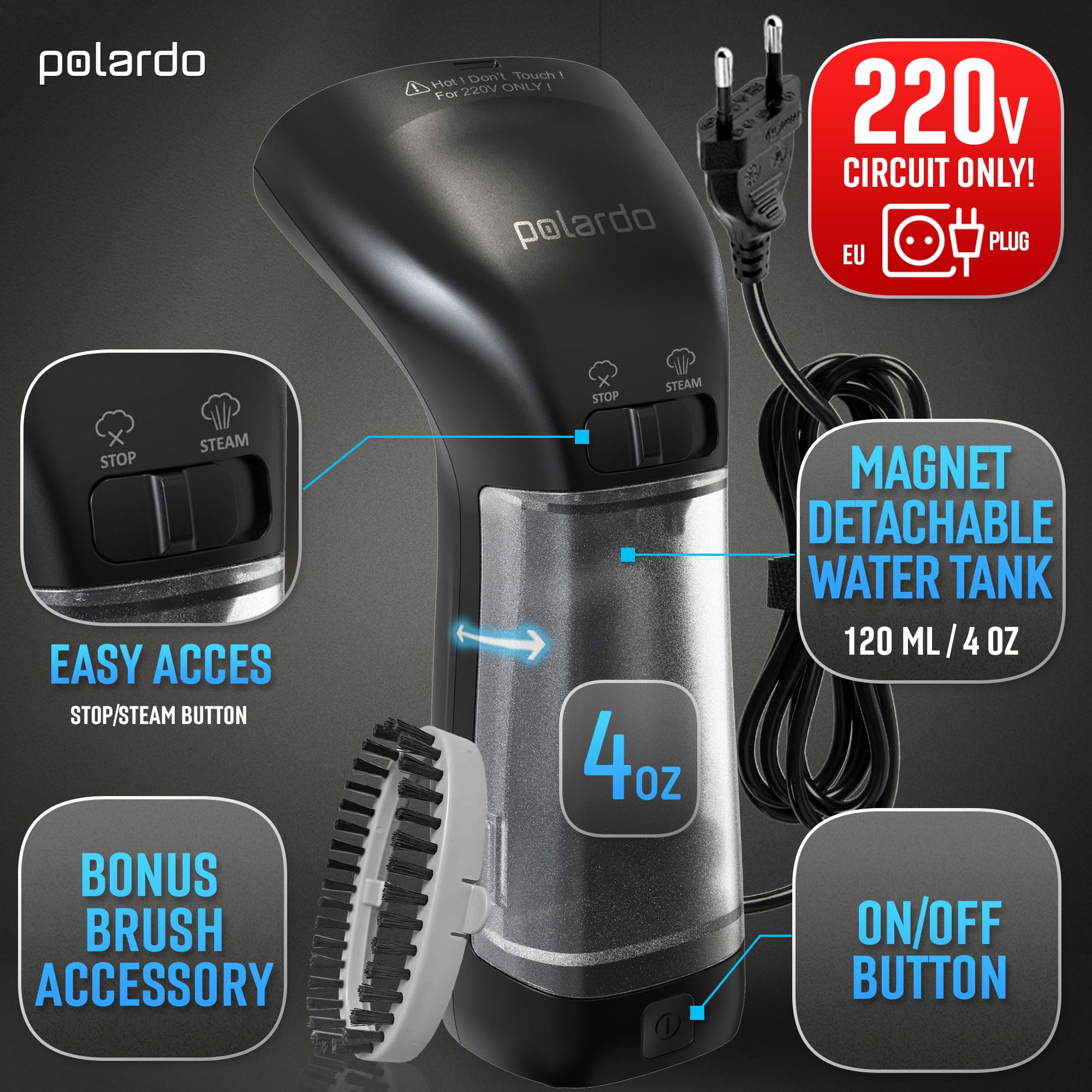 Steamer for Clothes for Europe 220V, Handheld Portable Travel Garment Steamer, Metal Steam Head, 25s Heat Up, Pump System, Mini Size, Hand Held Steamer for Any Fabrics, Black