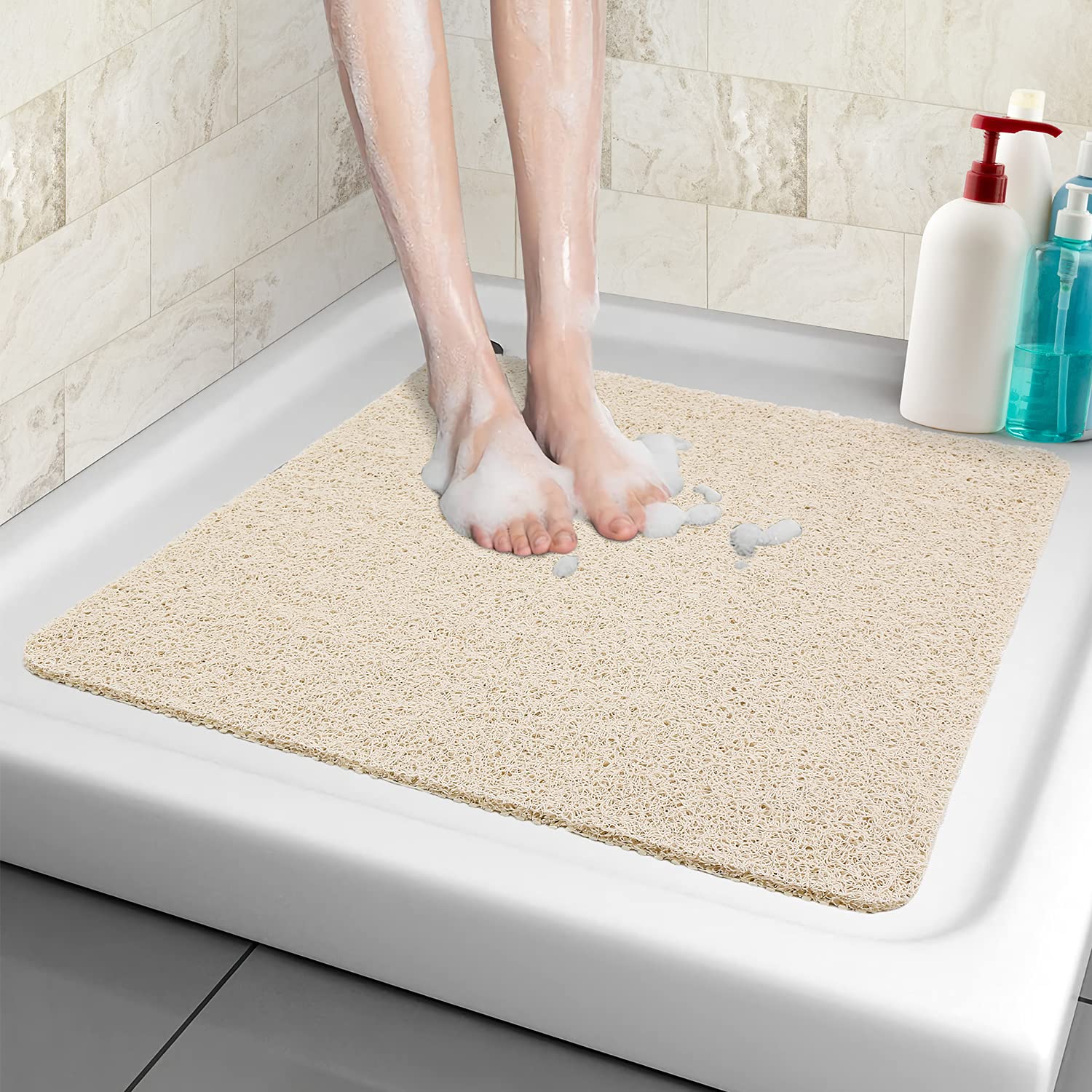 Non-Slip Shower Mat, 53 x 53 cm, Soft Comfort Safety Bath Mat with Drainage Holes, PVC Loofah Massage Shower Mats for Wet Areas, Quick Drying (Beige, 53 x 53 cm)