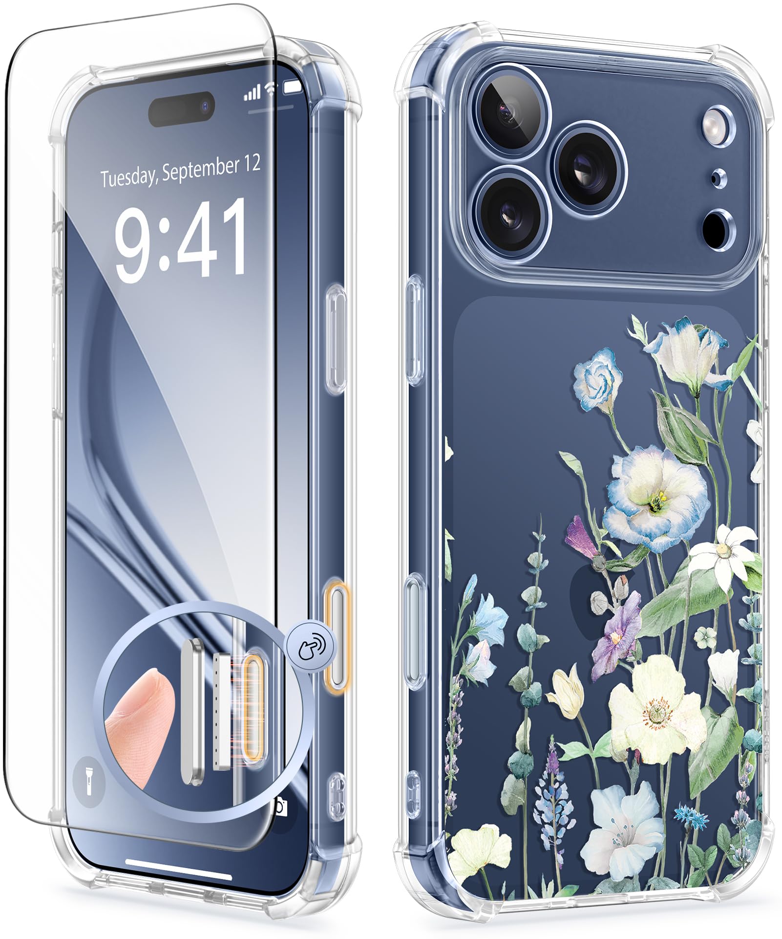 Photo 1 of GVIEWIN for iPhone 17 Pro Case with Screen Protector, Upgraded [Full Camera Protection] [Non Yellowing] Floral Slim Shockproof Clear Women Phone Cover for iPhone 17 Pro 6.3" (Aquilegia/White)