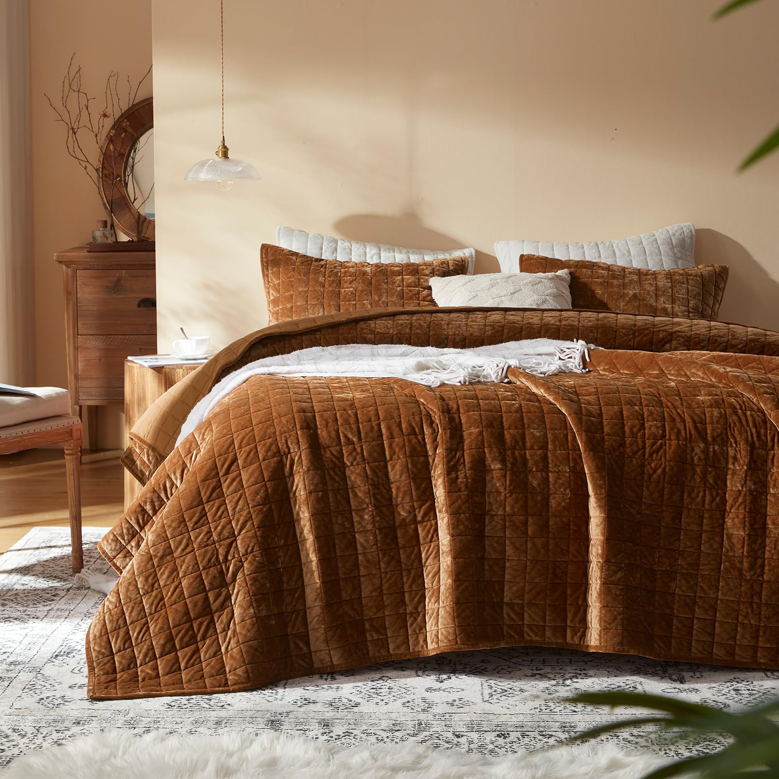 Photo 1 of LEAONME Velvet Quilt Oversized California King-120''x120'', Lightweight Caramel Velvet Comforter Set with 2 Pillow Shams, Oversized Bedspread Coverlet Quilted Bedding Set for All Season