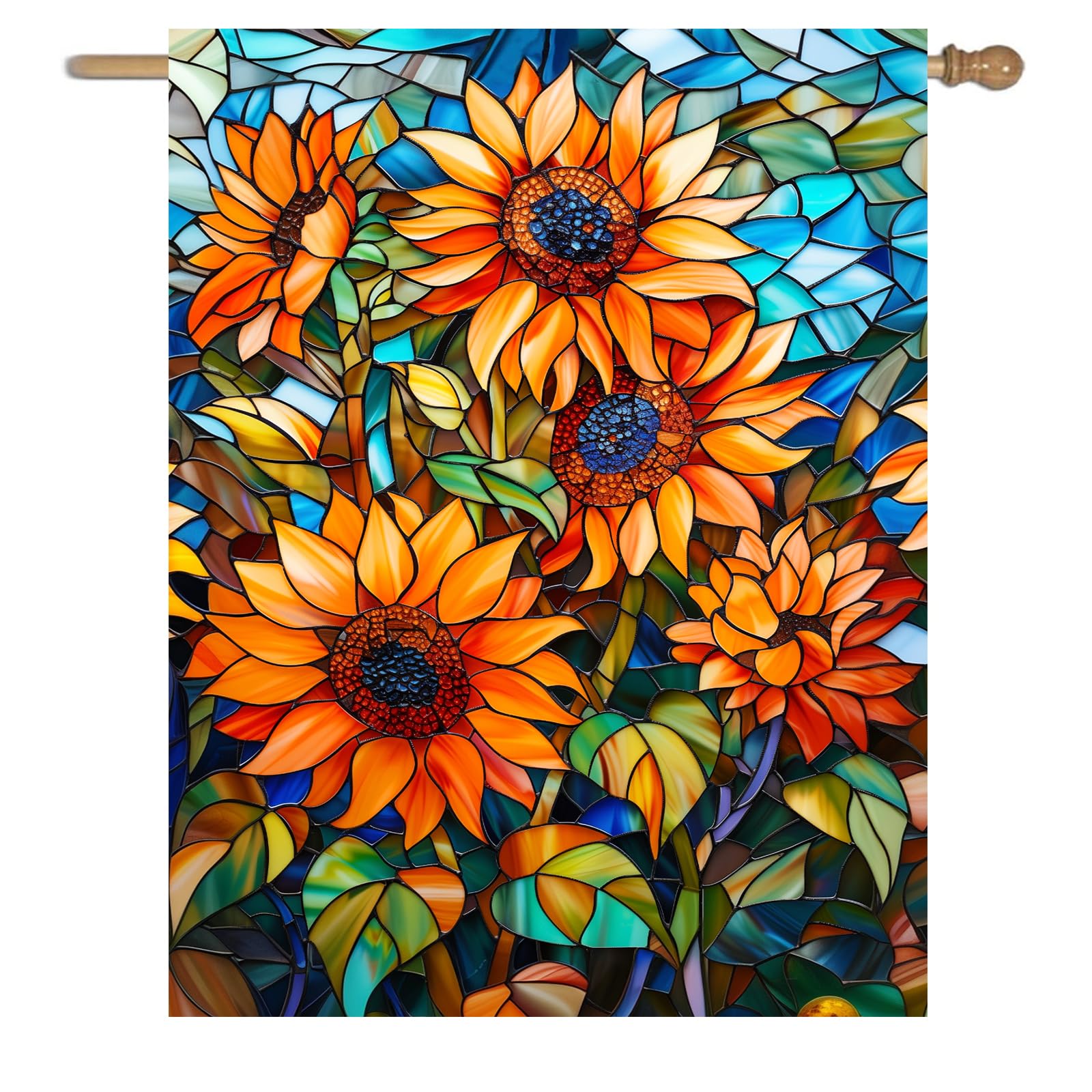 Photo 1 of Fall Sunflower Garden Flag Autumn House Flags 28x40 Double Sided Large Thanksgiving Outdoor Flag for Outside Stained Glass Floral Yard Flags Fall Porch Lawn Flags Decorative