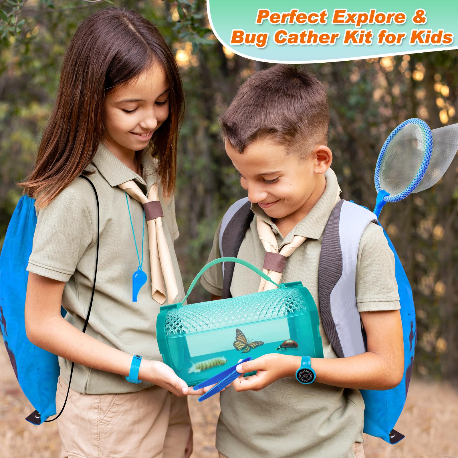 YOPINSAND Bug Catcher Kit & Outdoor Explorer Kit for Kids, 10 Pcs Bug Catching Kit with Toy Cage, Backpack, Flashlight, Manifying Glass, Toy Net, Outdoor Exploration Toys Gift for Boys Girls 3-12