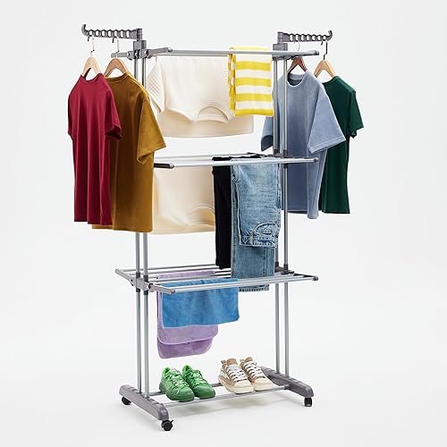 Amazon Basics Indoor Clothes Dryer Tower with Foldable Wings, 4-tier, 126 x 64 x 173 cm (L x W x H), Silver
