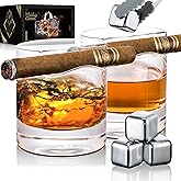 YouYah Cigar Whiskey Glasses with Cigar Holder-Set of 2,Cigar Accessories,Crystal Glass with 4 Ice Cubes,Tong & Indented Cigar Rest,Rocks Glass,for Brandy,Cocktail,Vodka,Gifts for Men