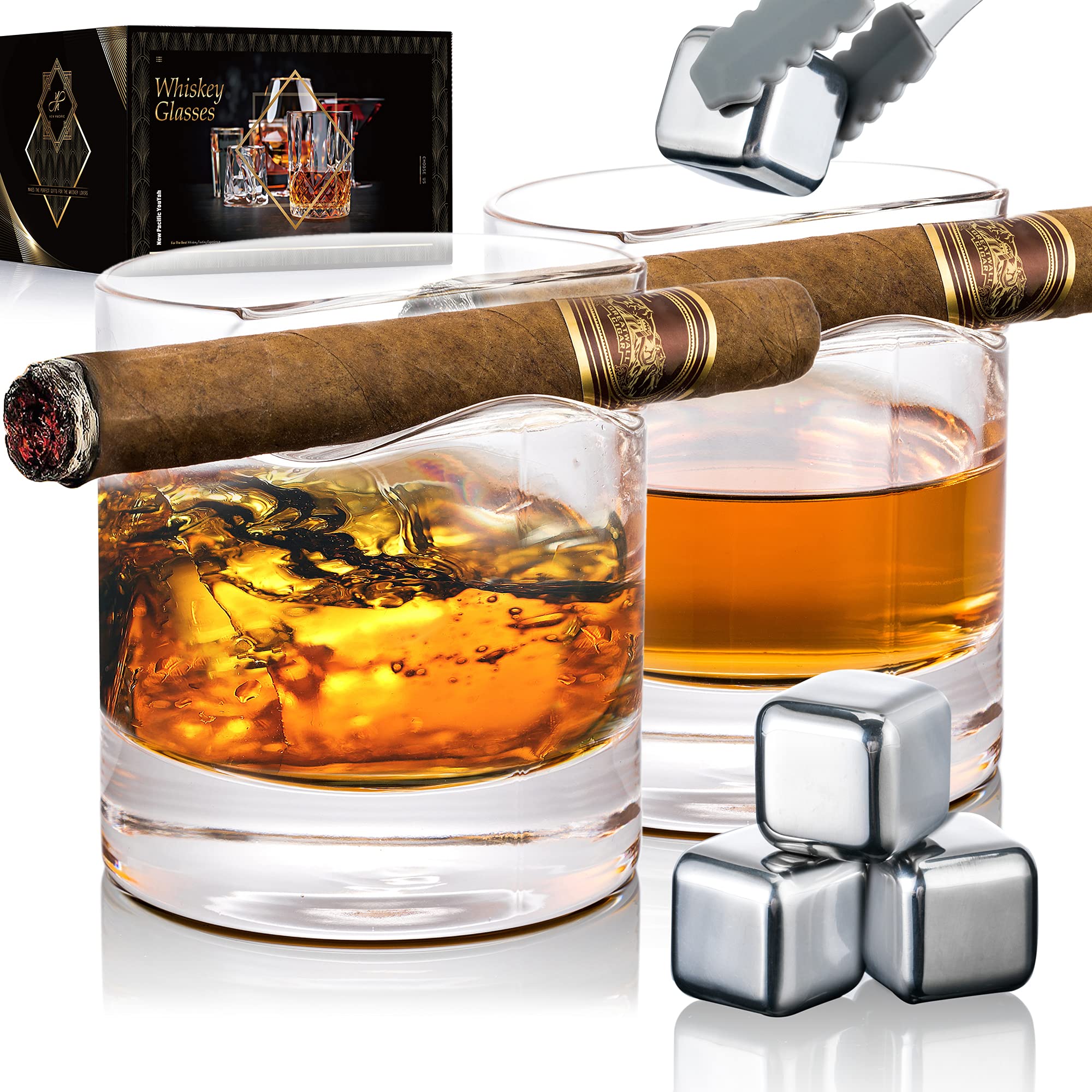 Cigar Whiskey Glasses with Cigar Holder-Set of 2,Cigar Accessories,Circular Crystal Glass with 4 Ice Cubes,Tong & Indented Cigar Rest,Rocks Glass,Gifts for Men