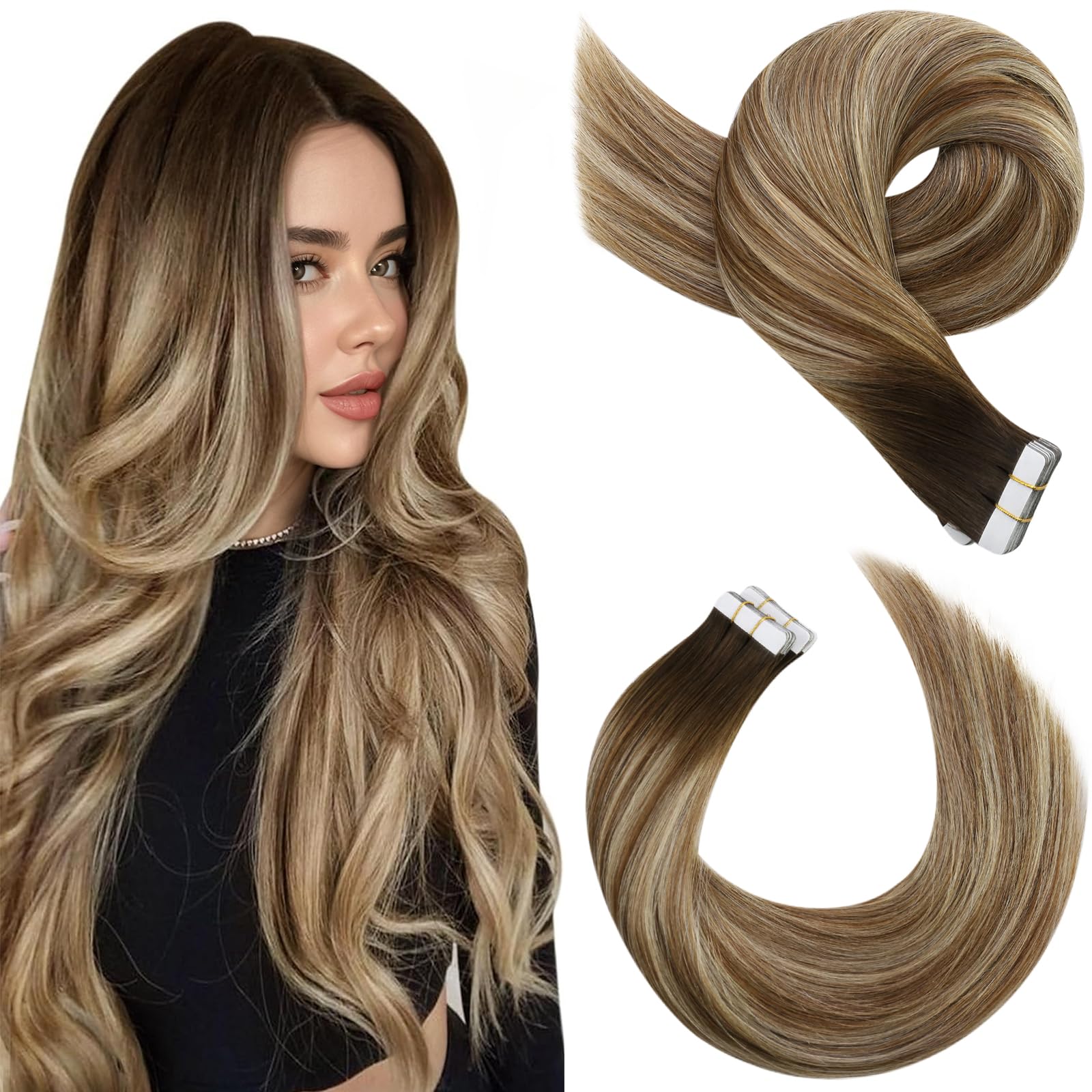 Moresoo Human Hair Extensions Tape in Dark Brown to Medium Brown with Bleached Blonde Tape in Hair Extensions Human Hair 24 Inch Long Remy Straight #4/6/613 20pcs/50G — image 1