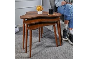 TRIHOME, Solid Nesting Table Set of 3, Birch Mid Century Pebble Tables with Wood Tapered Legs, Portable Modern Coffee Tables, Handmade Home Furniture, Farmhouse, Living Room, Bean, Oval