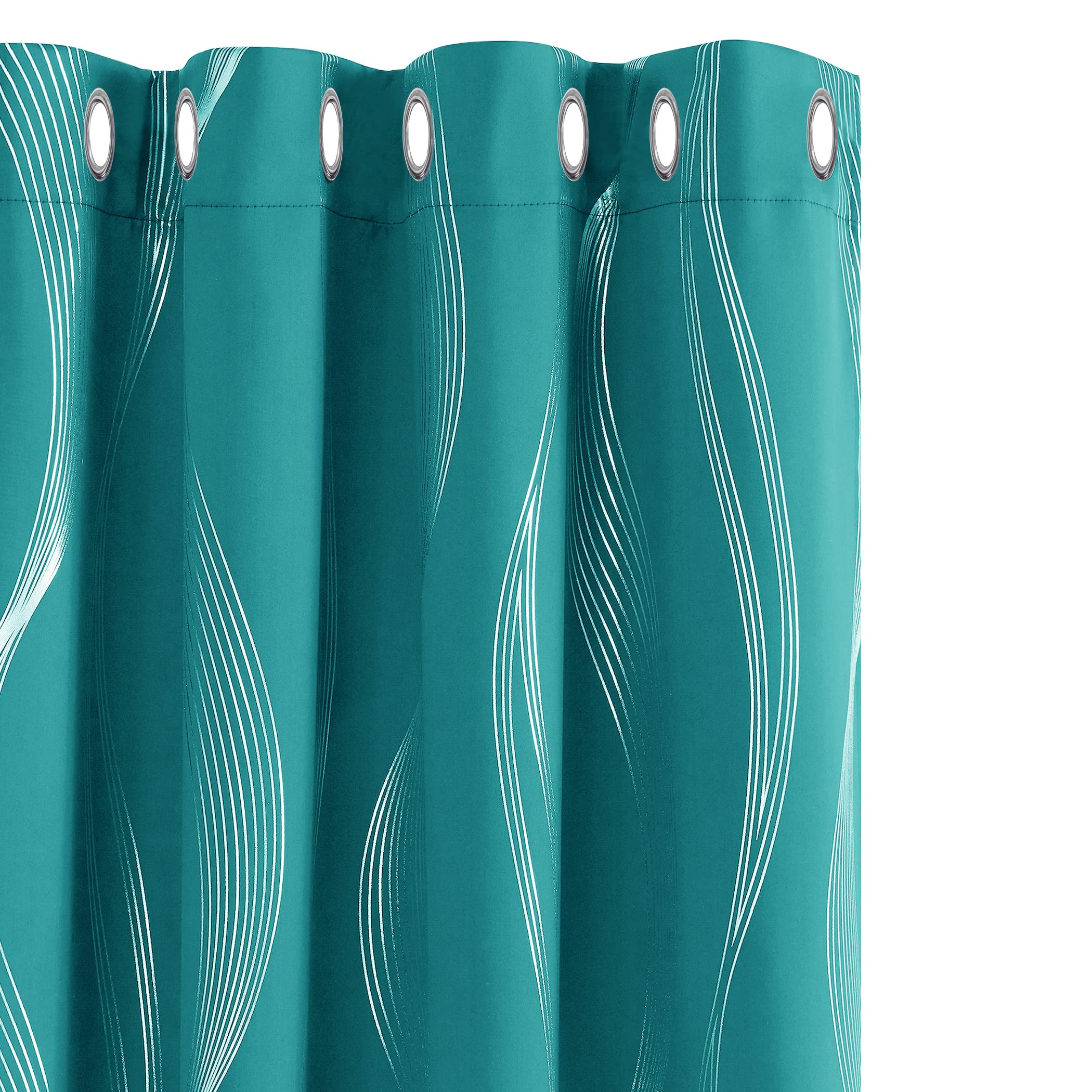 Deconovo Super Soft Thermal Insulated Blackout Curtains Eyelet Curtains Silver Wave Line Foil Printed Curtains for Kids Bedroom 46x54 Inch Turquoise 2 Panels
