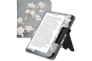 kwmobile Case Compatible with Kobo Libra 2 - Case PU Leather Cover with Magnet Closure, Stand, Strap, Card Slot - Magnolias Taupe/White/Blue Grey