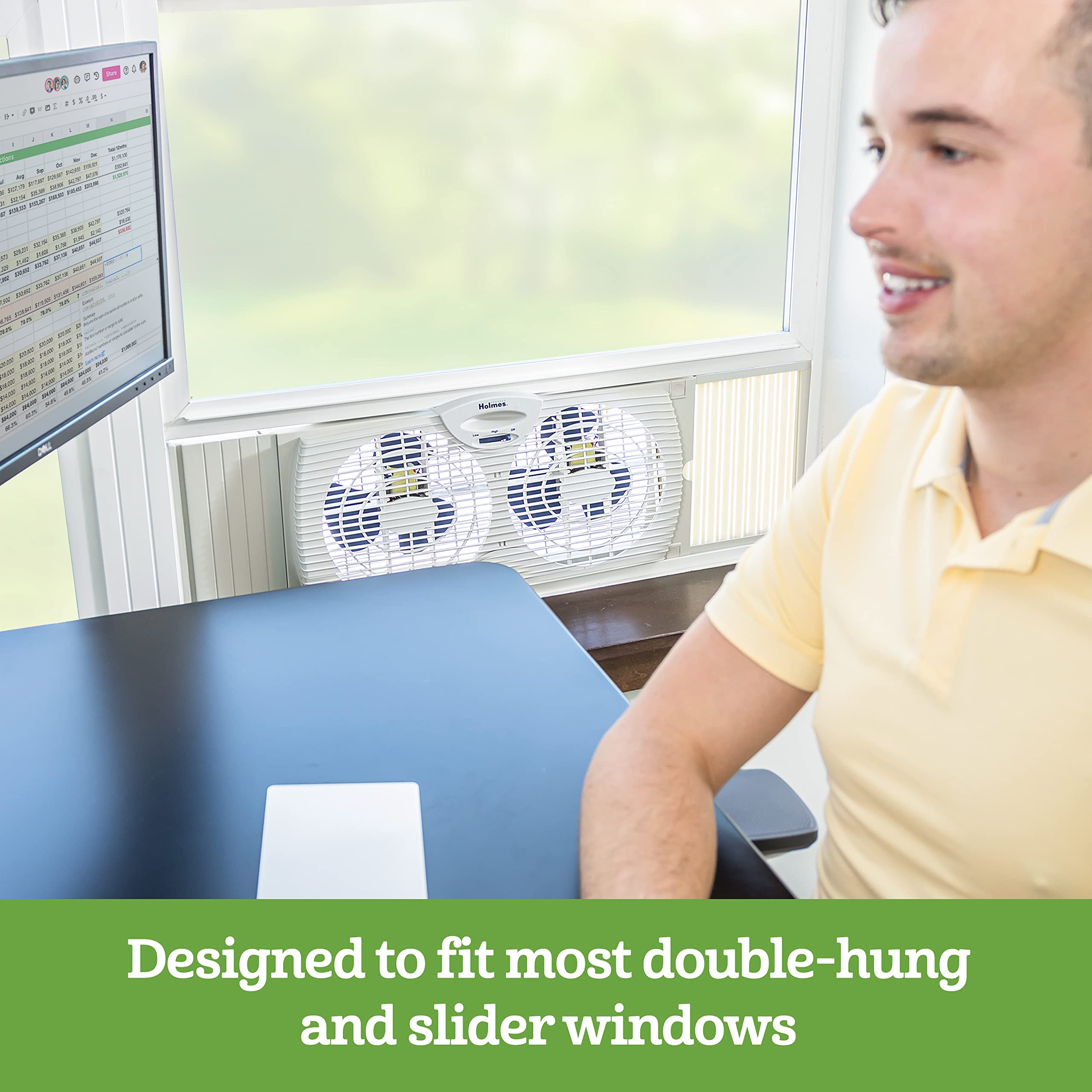 HOLMES Blade Manual Window Fan with Double Sided Speed Control, Dual 3 Blade Fans, Reversible Intake and Exhaust, Expandable Side Panel with Additional Extender Panels, White