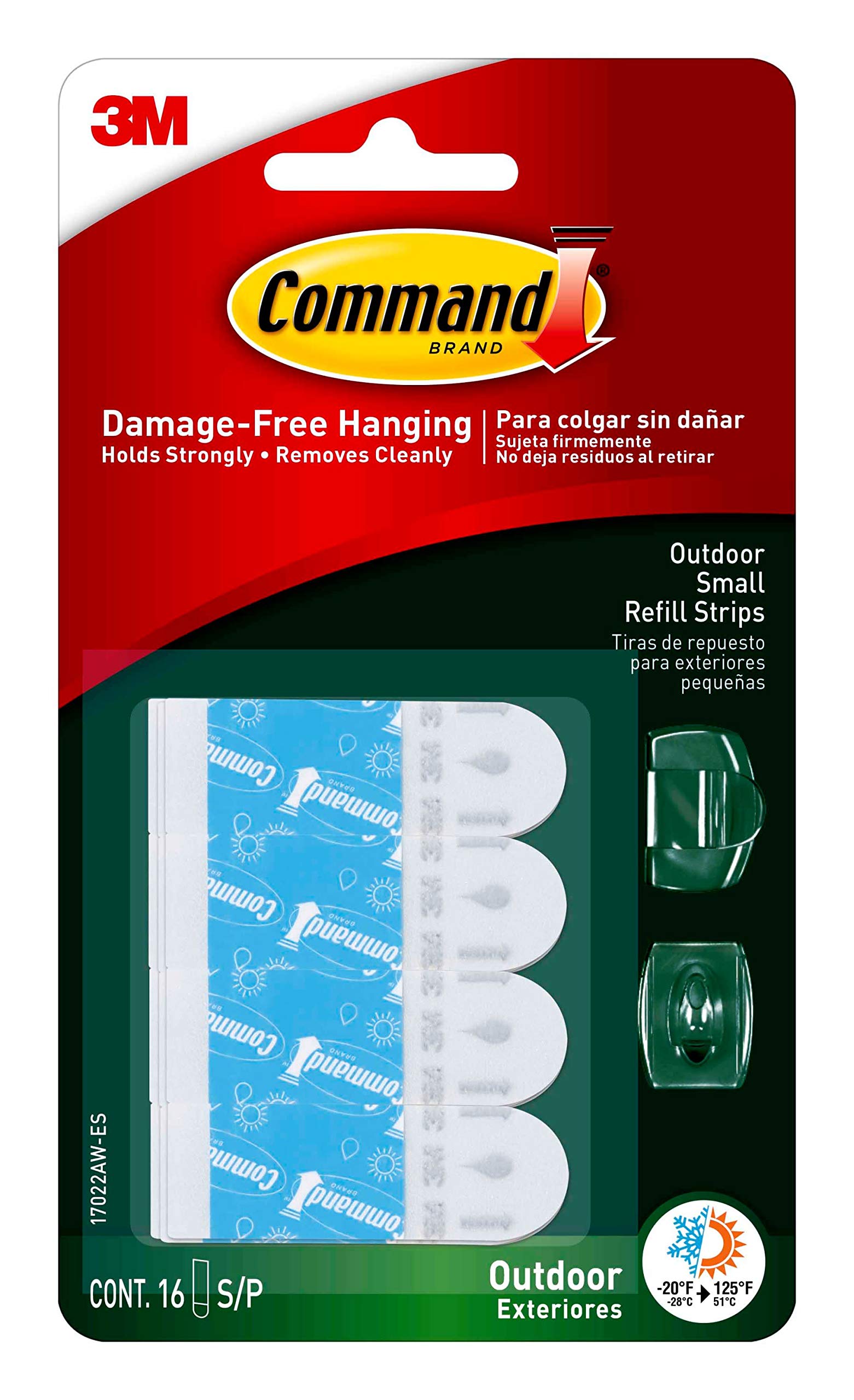 Command Outdoor Small White Refill Strips, 16 Weather Resistant Strips, Damage Free Hanging Wall Adhesive Strips to Re-Hang Hooks for Christmas Decorations