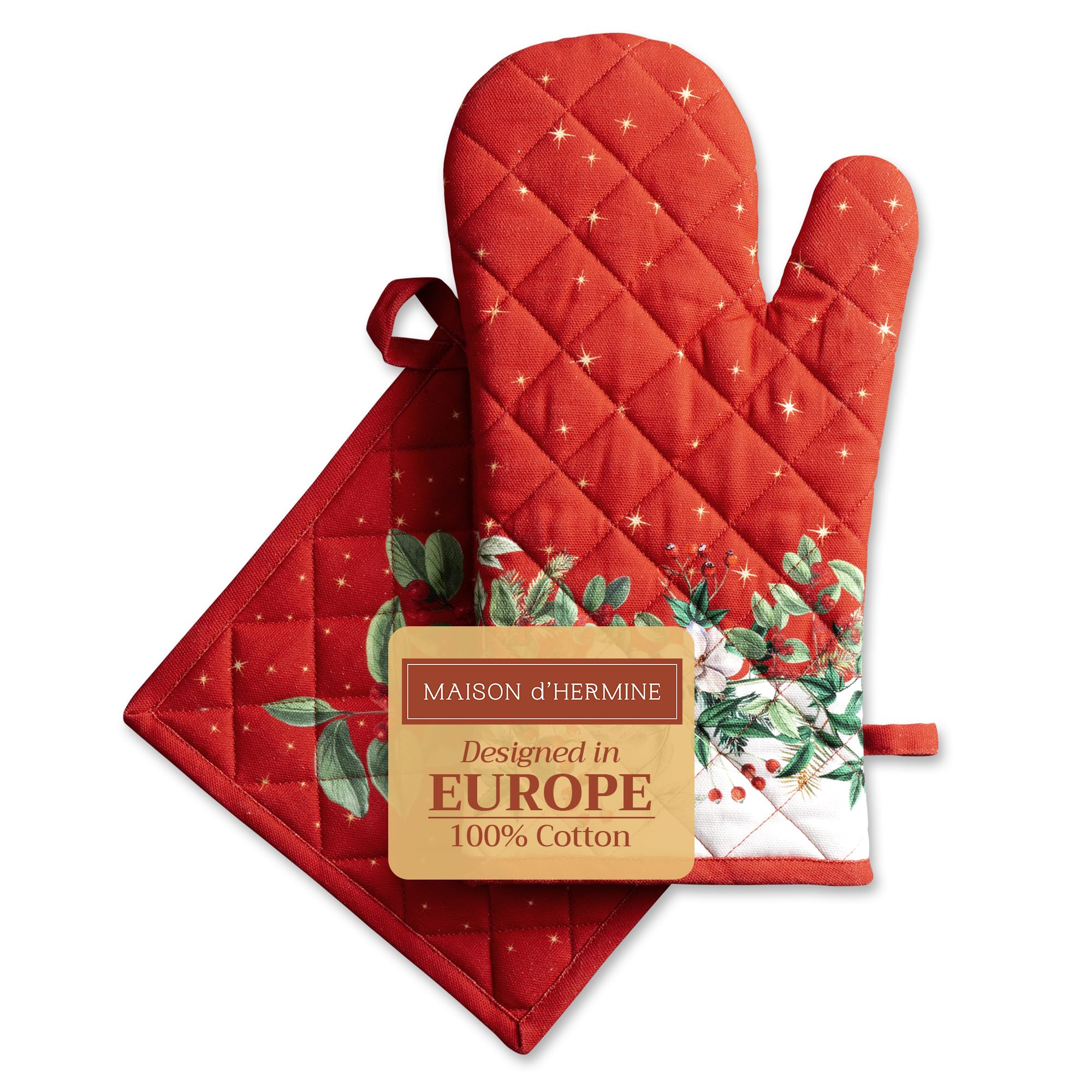 Maison d' Hermine 100% Cotton Oven Mitt & Pot Holder Set (19 x 33 cm & 20 x 20 cm) Heat Resistant BBQ Cooking Gloves with Loop for Christmas Decorations Baking Handling Hot Pans (Noel)